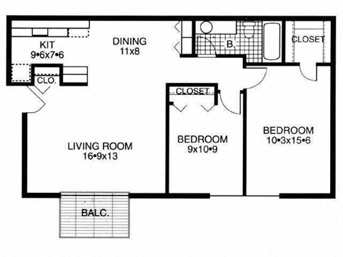 Floor plan for 2 beds, 1.5 baths, 1200 sqft